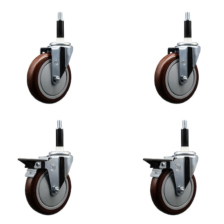 Service Caster 5'' Maroon Poly Wheel Swivel 7/8'' Expanding Stem Caster Set 2 Brakes, 4PK SCC-EX20S514-PPUB-MRN-2-PLB-2-78